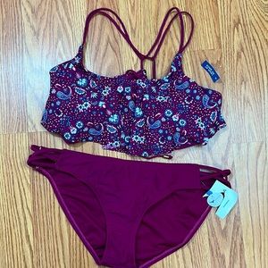 NWT Arizona Jean - New Swim Set- Wine Color Floral Lace Up Back - Size: Large
